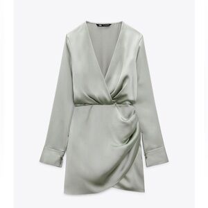 Zara Satin Wrap Dress in light green. NWT